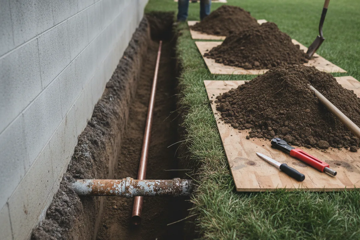 Excavated water line trench during Sewer Line Repair in South Haven